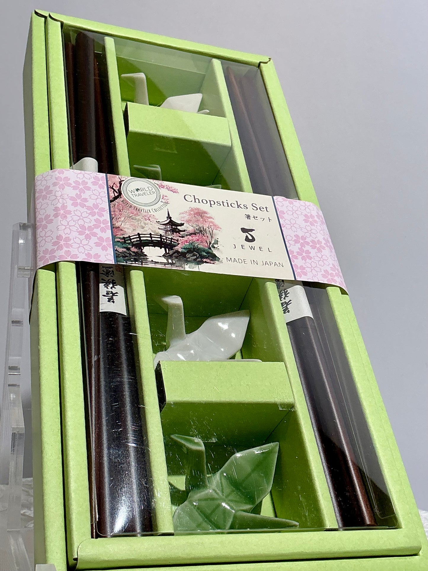 Jewel World Traveler Chopsticks Set with Ceramic Origami Crane Rests | Made in Japan