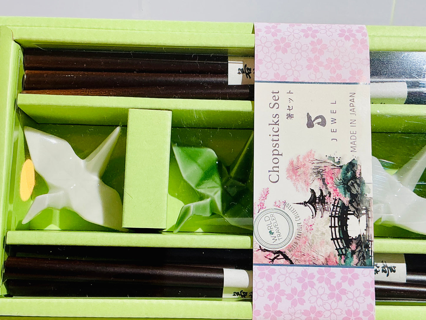 Jewel World Traveler Chopsticks Set with Ceramic Origami Crane Rests | Made in Japan
