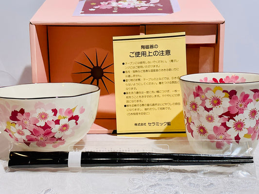 Hana-Emi Sakura Tea Bowl & Chopsticks Gift Set | Ceramic Ai | Made in Japan