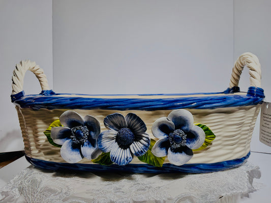 Ceramiche D'arte F.L. Orgia Italian Ceramic Basket with Anemone Flowers – 19" Handcrafted Figurine