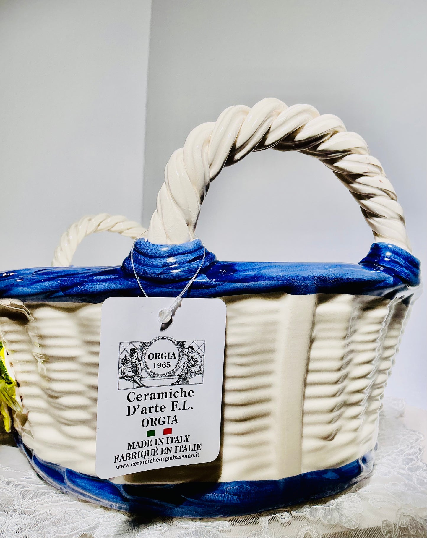 Ceramiche D'arte F.L. Orgia Italian Ceramic Basket with Anemone Flowers – 19" Handcrafted Figurine