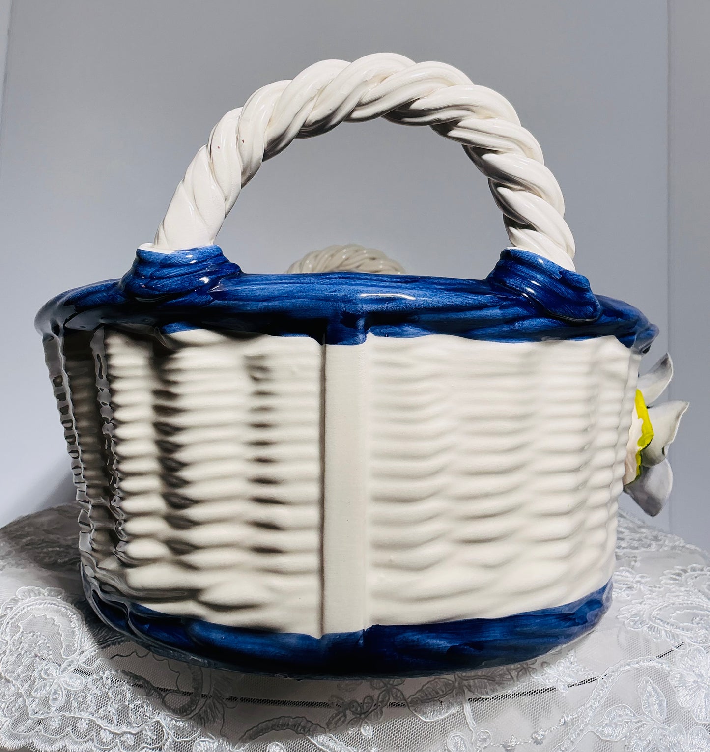 Ceramiche D'arte F.L. Orgia Italian Ceramic Basket with Anemone Flowers – 19" Handcrafted Figurine
