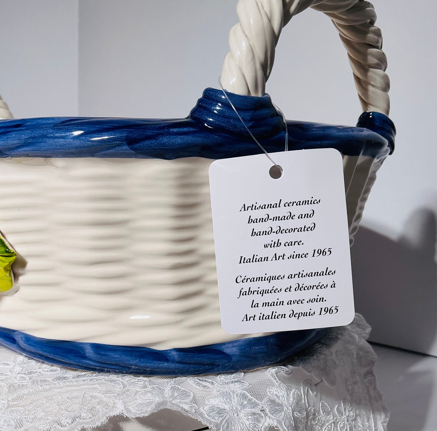 Ceramiche D'arte F.L. Orgia Italian Ceramic Basket with Anemone Flowers – 19" Handcrafted Figurine