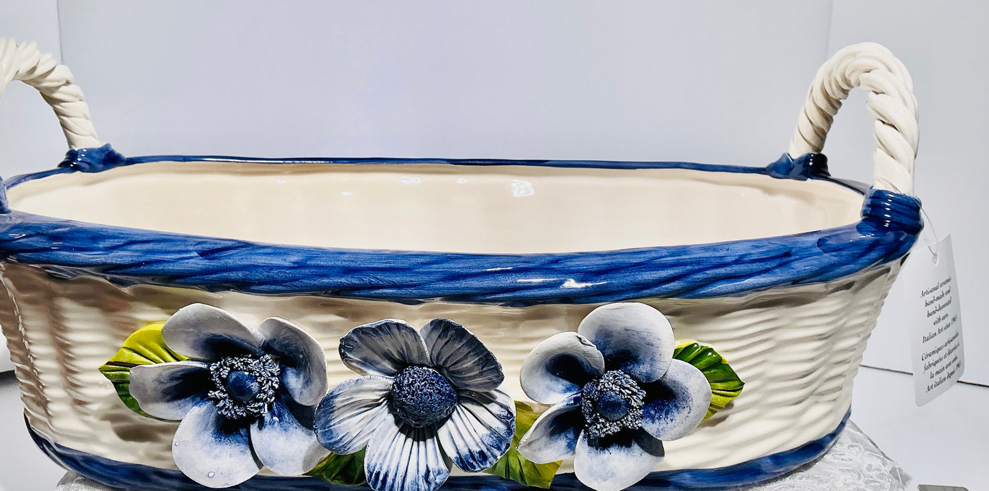 Ceramiche D'arte F.L. Orgia Italian Ceramic Basket with Anemone Flowers – 19" Handcrafted Figurine