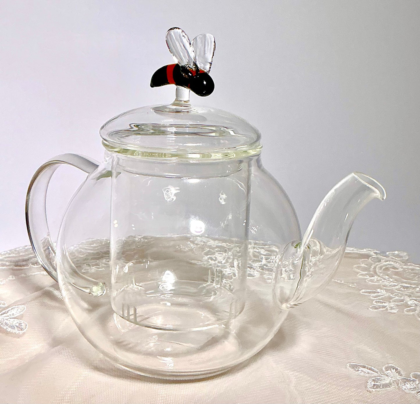 Glass Teapot with Decorative Knob Lid & Built-In Infuser – Lemon, Blue Bird, Tulip or Bee