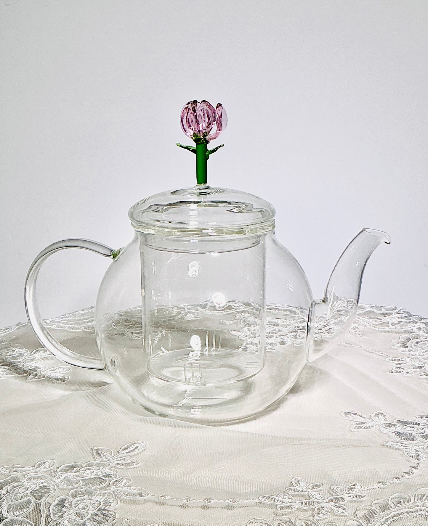 Glass Teapot with Decorative Knob Lid & Built-In Infuser – Lemon, Blue Bird, Tulip or Bee