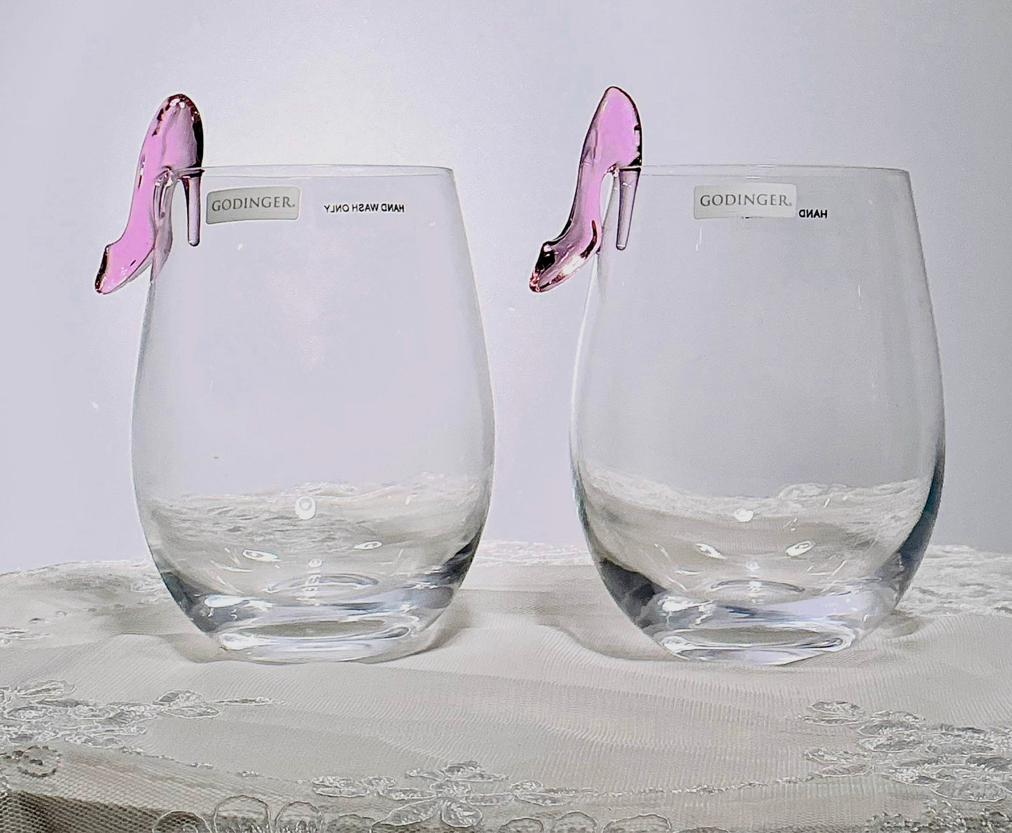 Godinger Stemless Wine Glasses with Pink High Heel Charm – Set of 2