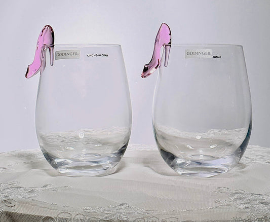 Godinger Stemless Wine Glasses with Pink High Heel Charm – Set of 2