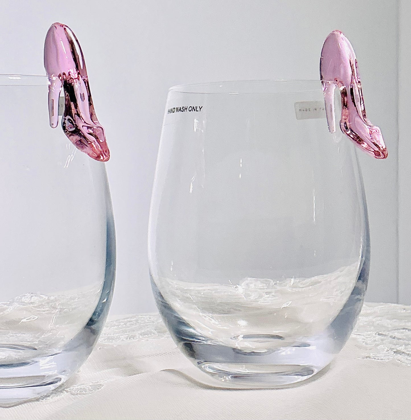 Godinger Stemless Wine Glasses with Pink High Heel Charm – Set of 2