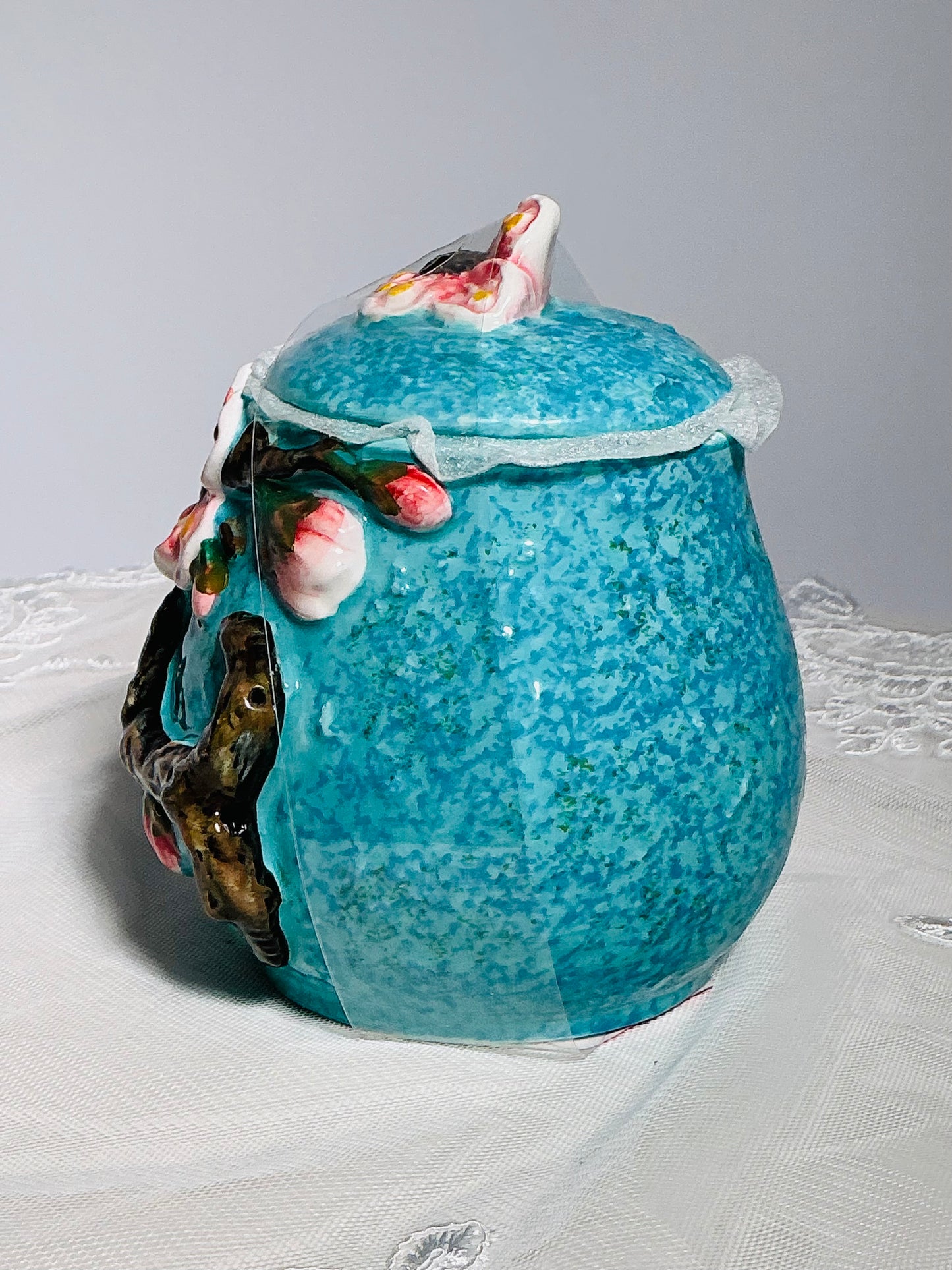 CornerRuby Starry Flora Cherry Blossom Ceramic Sugar Bowl | 3D Sculpted | Handcrafted