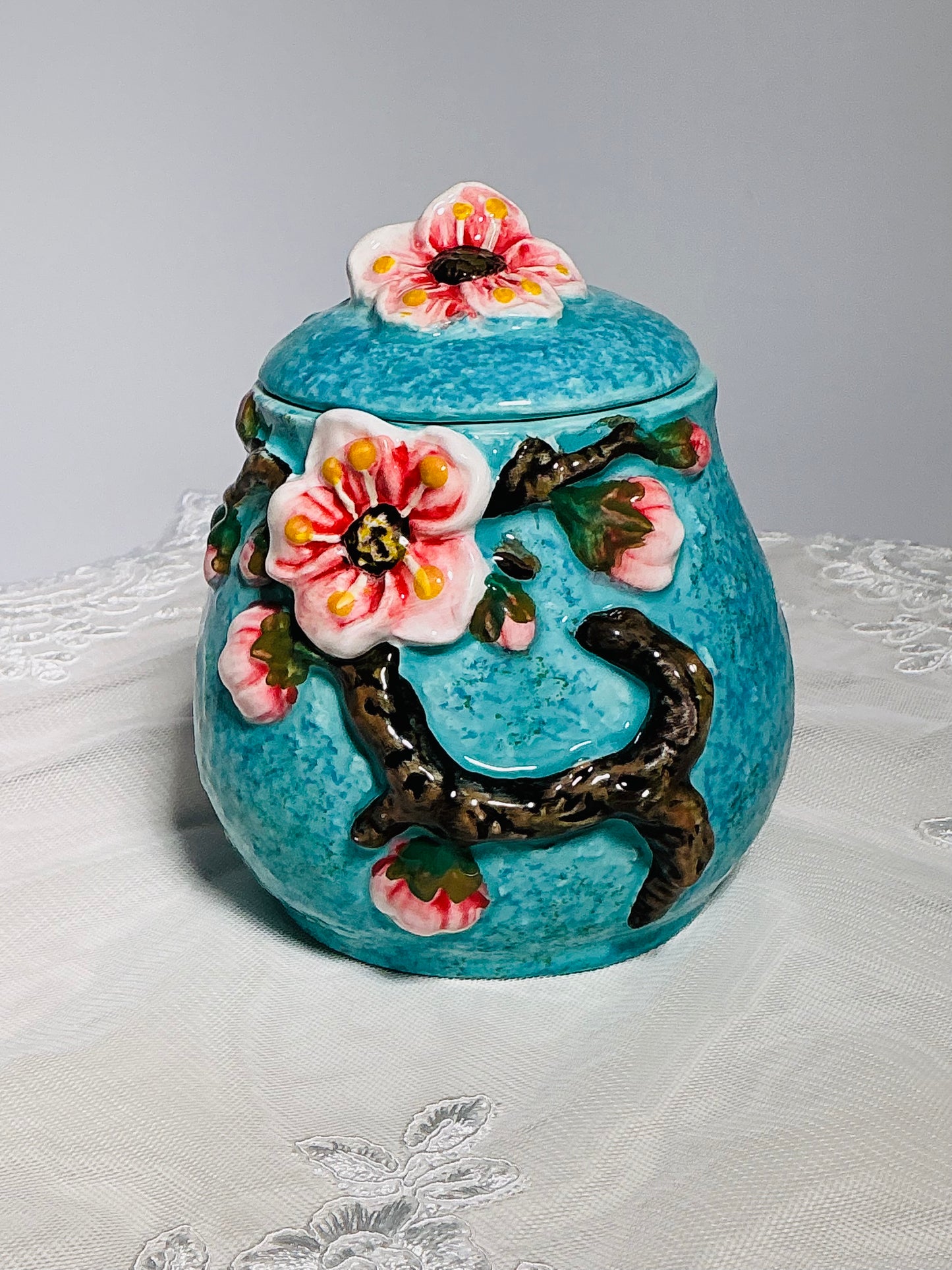 CornerRuby Starry Flora Cherry Blossom Ceramic Sugar Bowl | 3D Sculpted | Handcrafted