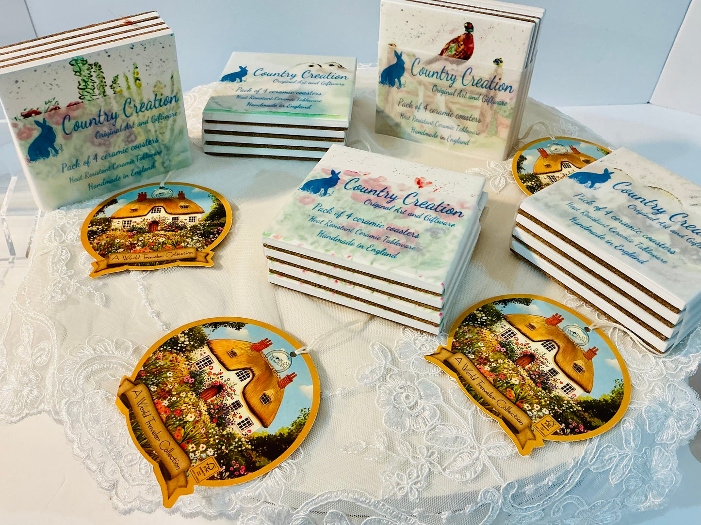 Country Creation Handmade Ceramic Coaster Set of 4 | Original Art | Made in England