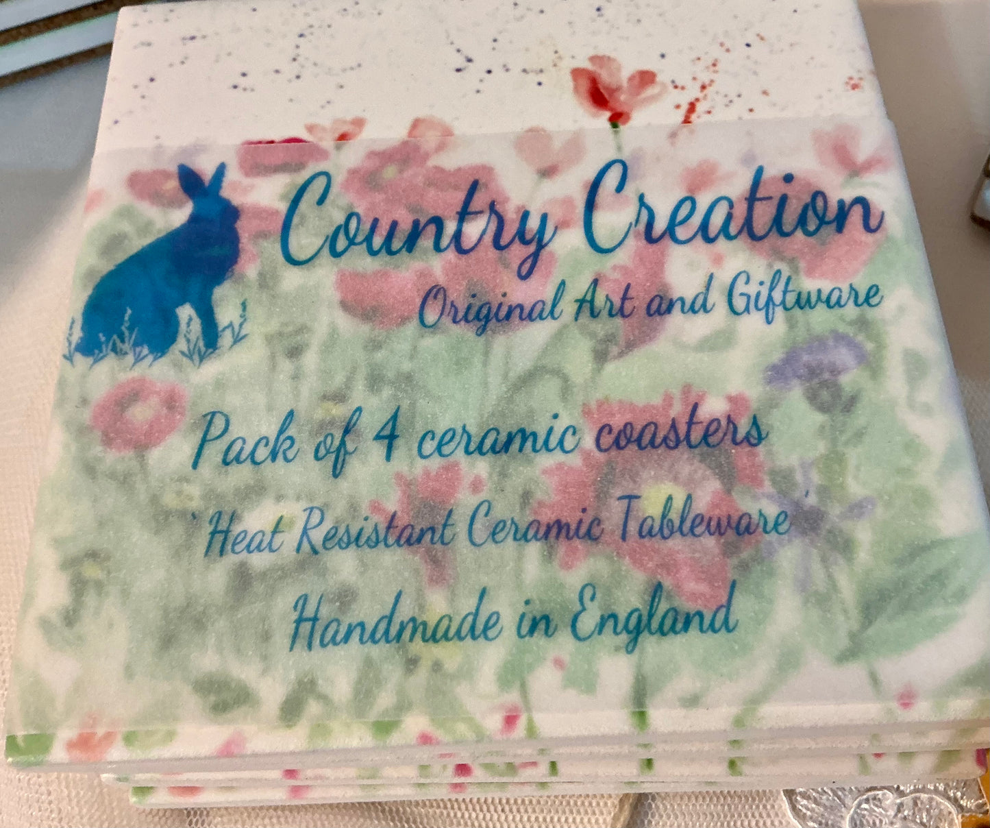 Country Creation Handmade Ceramic Coaster Set of 4 | Original Art | Made in England