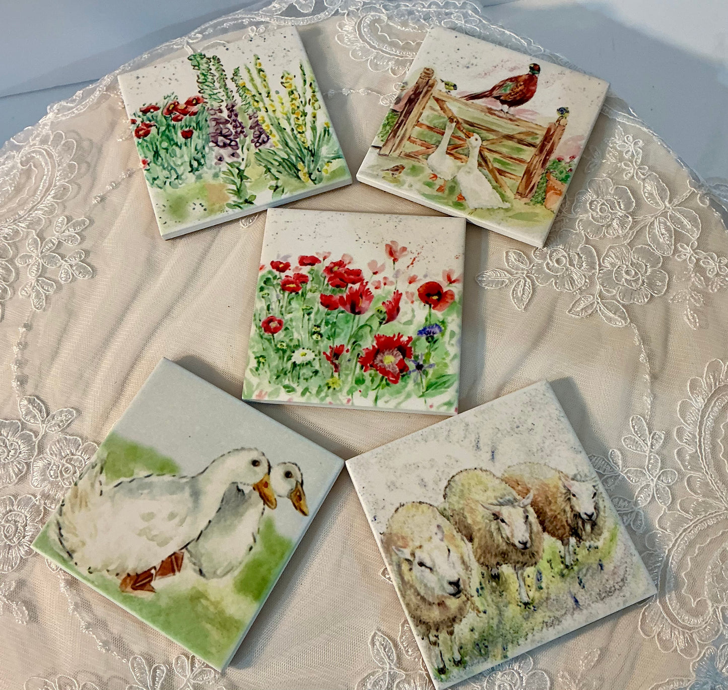 Country Creation Handmade Ceramic Coaster Set of 4 | Original Art | Made in England