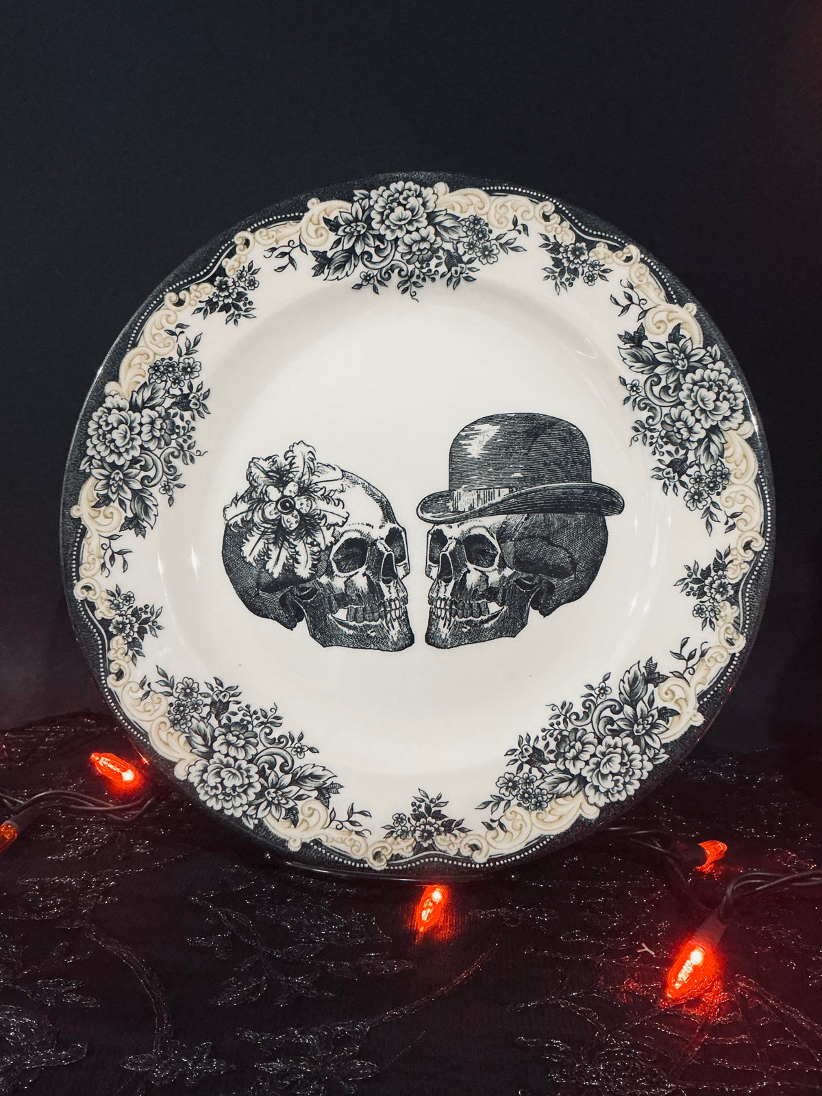 Royal Stafford Gothic Skull Couple Porcelain Dinner Plate 11.75" – Black Floral Toile