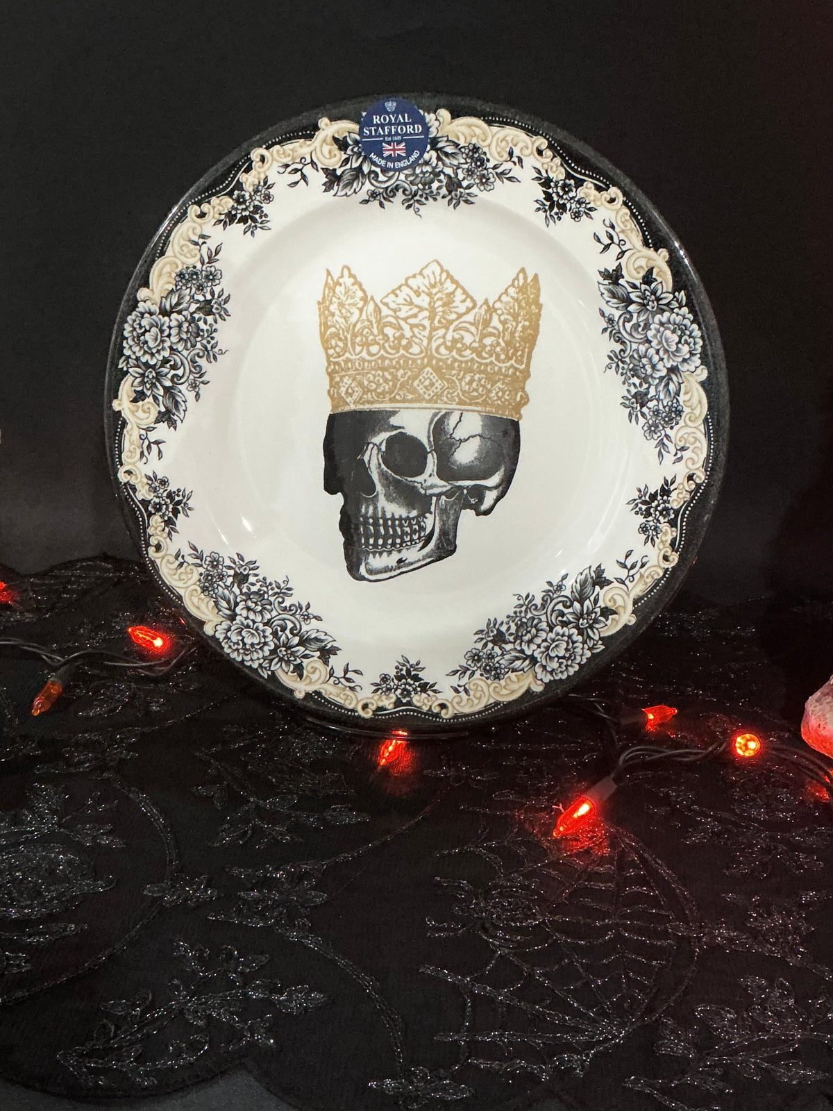 Royal Stafford Gothic Crowned Skull Porcelain Dinner Plate 11.75" – Black Floral Toile