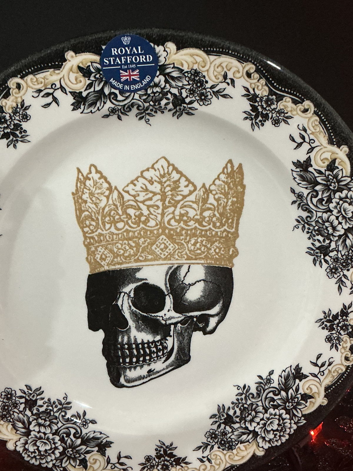 Royal Stafford Gothic Crowned Skull Porcelain Dinner Plate 11.75" – Black Floral Toile