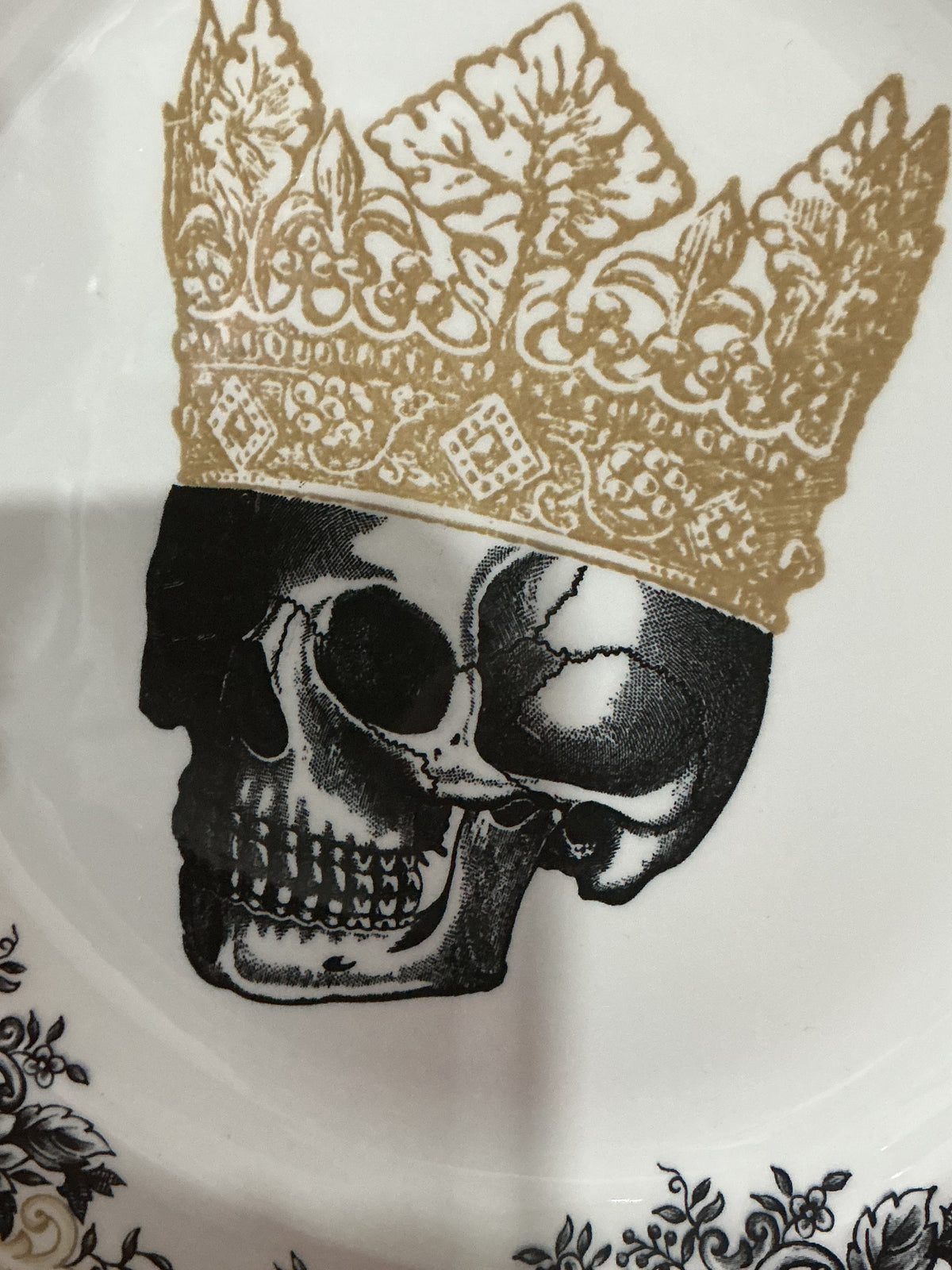 Royal Stafford Gothic Crowned Skull Porcelain Dinner Plate 11.75" – Black Floral Toile