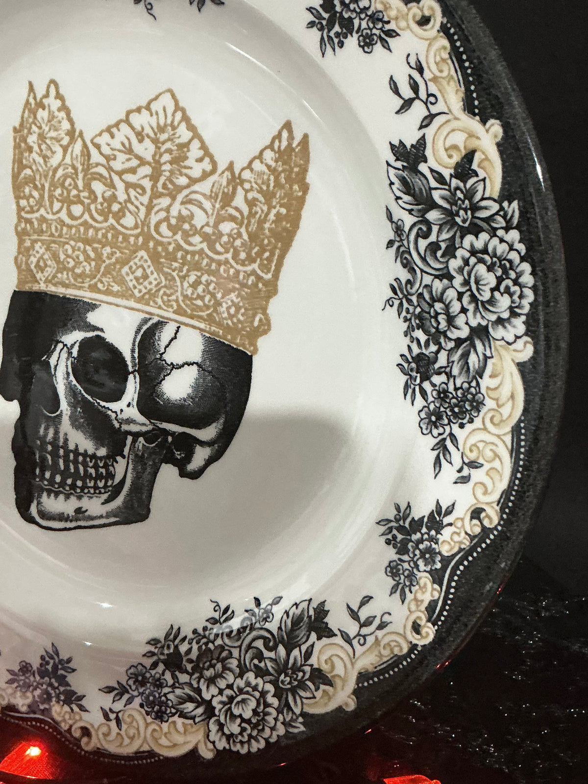 Royal Stafford Gothic Crowned Skull Porcelain Dinner Plate 11.75" – Black Floral Toile