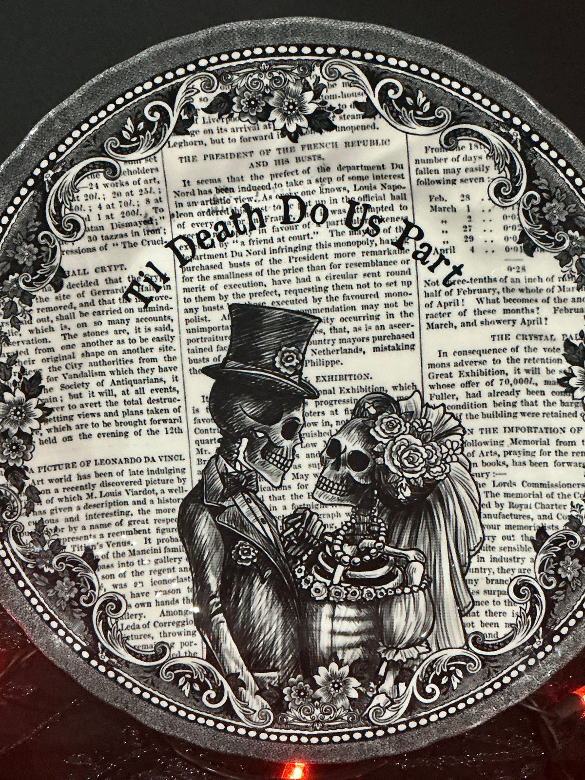 Queen's "Til Death Do Us Part" Gothic Skull Wedding Earthenware Dinner Plate 10" – Vintage Newspaper Print