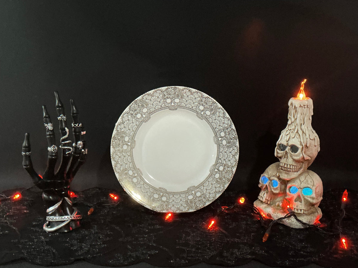 222 Fifth Skull Lace E-Gold Porcelain Dinner Plate 10.5" – Gothic Gold Lace Border | Hand Wash Only