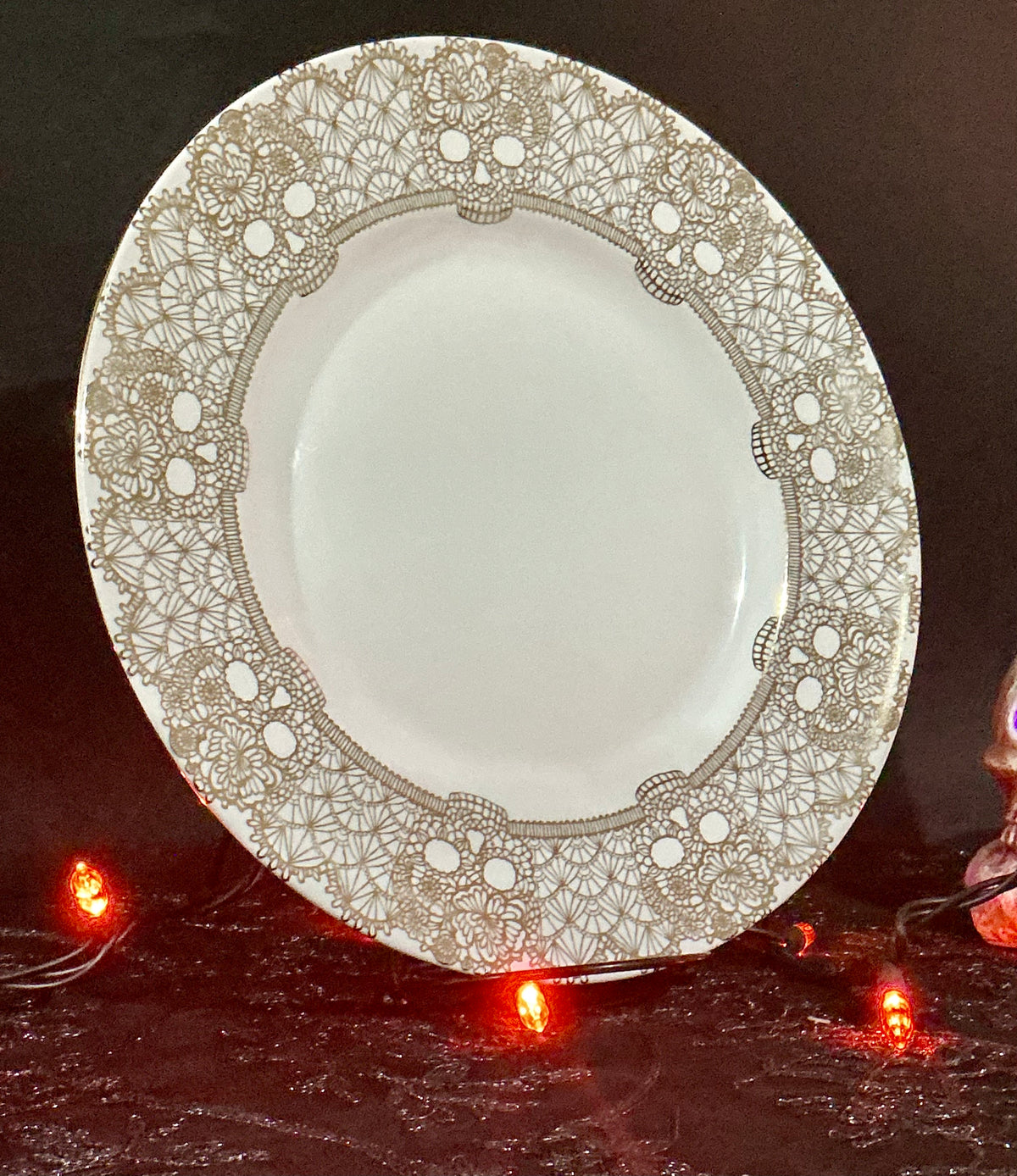 222 Fifth Skull Lace E-Gold Porcelain Dinner Plate 10.5" – Gothic Gold Lace Border | Hand Wash Only