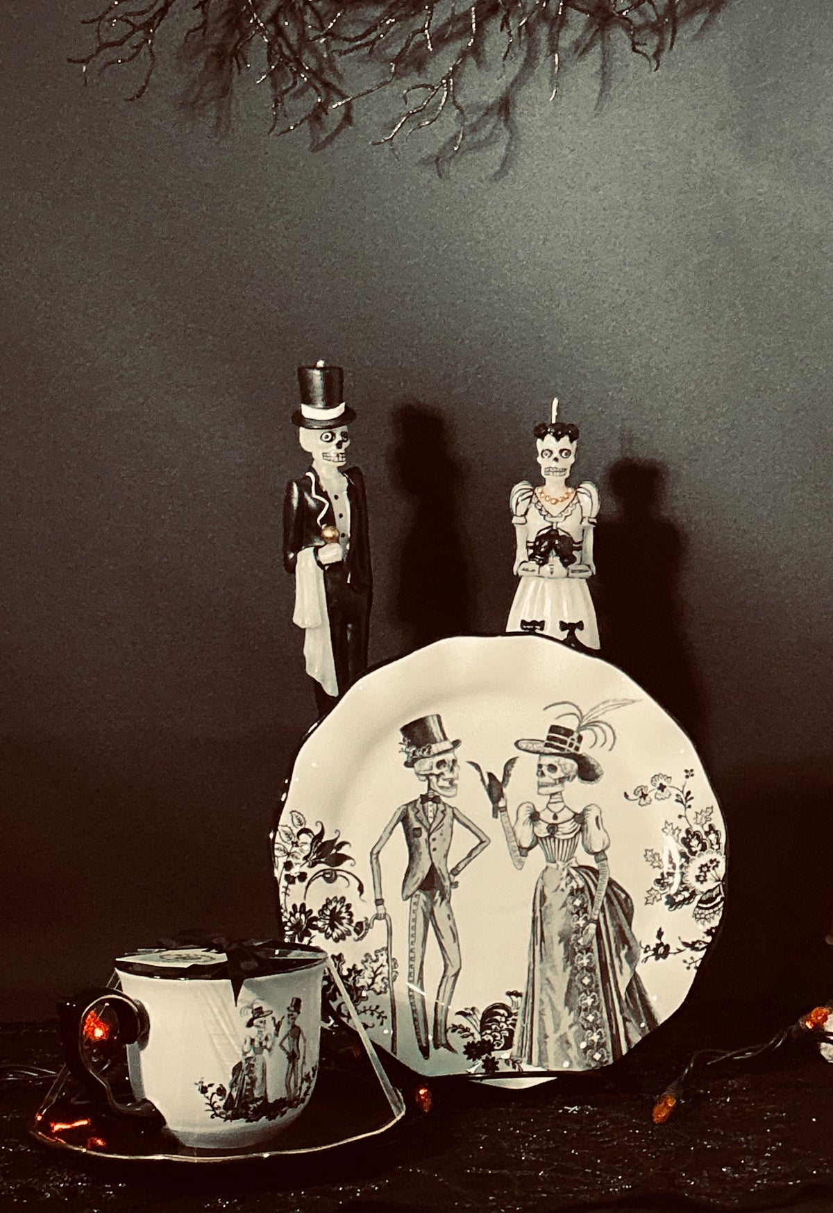 Potter's Studio Victorian Skeleton Couple Dessert Plate & Tea Cup Set