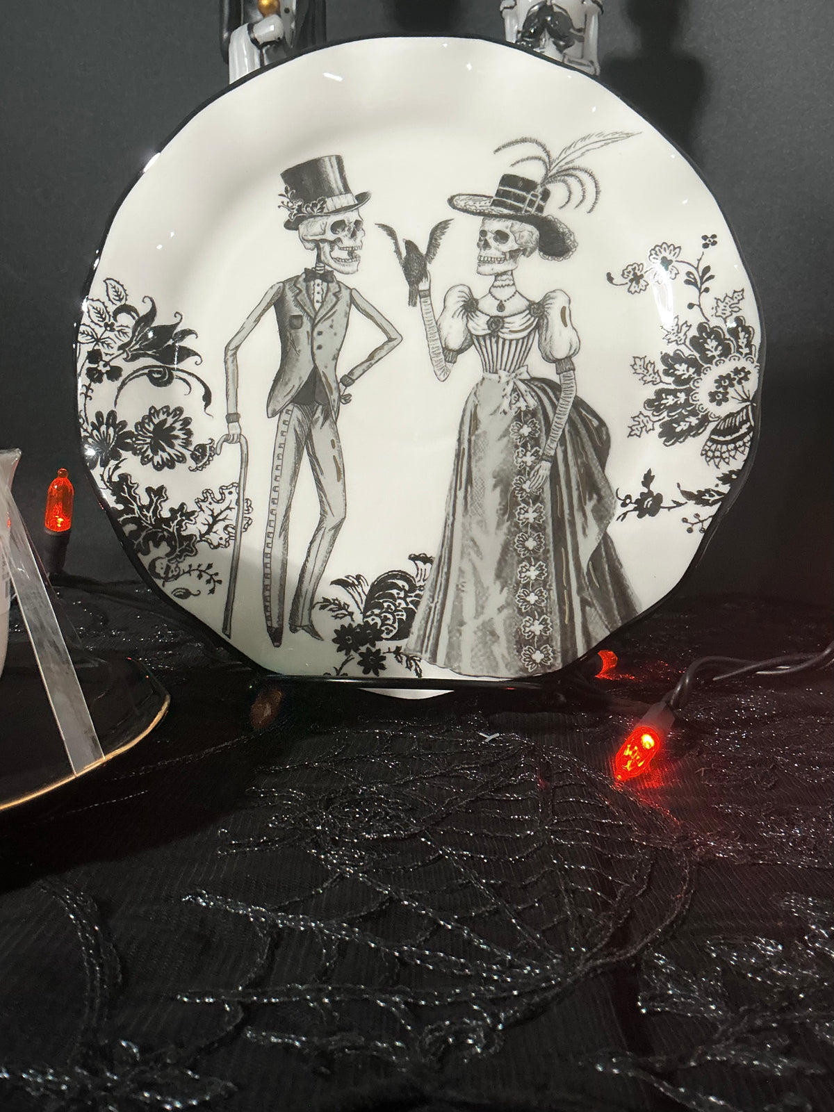 Potter's Studio Victorian Skeleton Couple Dessert Plate & Tea Cup Set