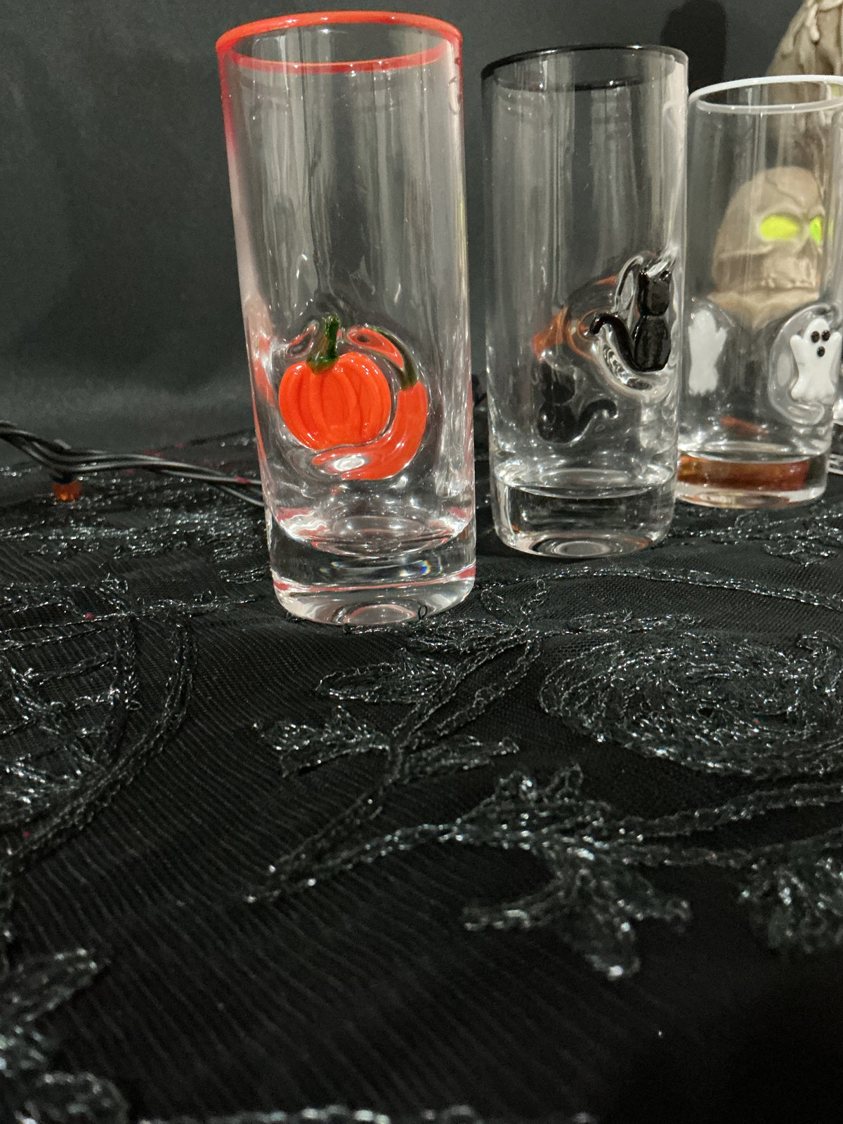 Halloween Icon Shot Glass Set of 4 | 3D Ghost Pumpkin Skull Black Cat | 2.3oz Spooky Barware